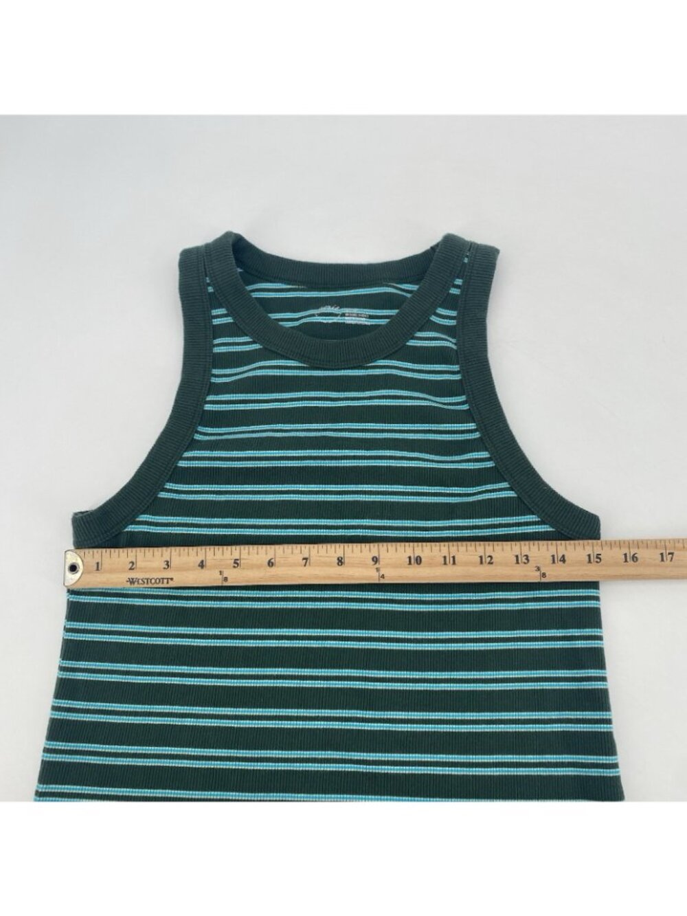 Aerie Women’s Size XL Green White Blue Striped Rib Knit Crop Tank Top Raw Hem - Picture 5 of 10